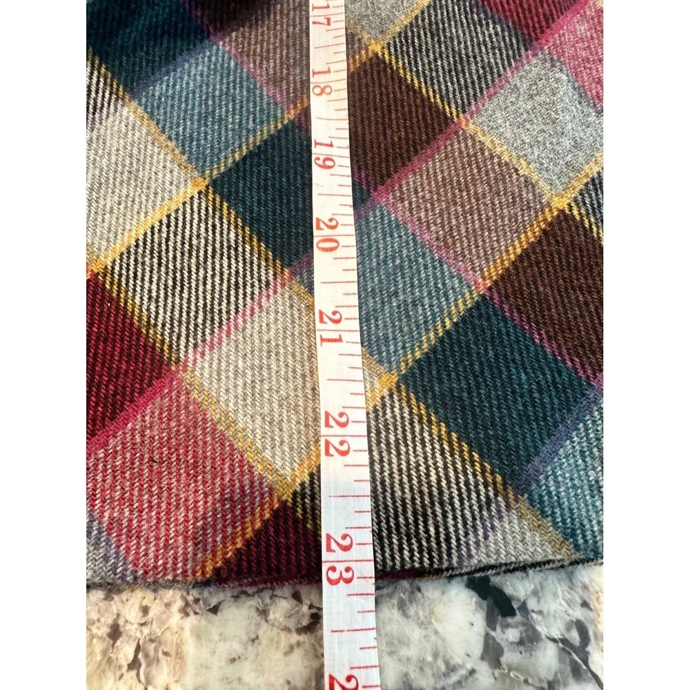 Vintage Koret Plaid Wool Blend Midi Skirt Burgundy Teal Made in USA Size 25 inch